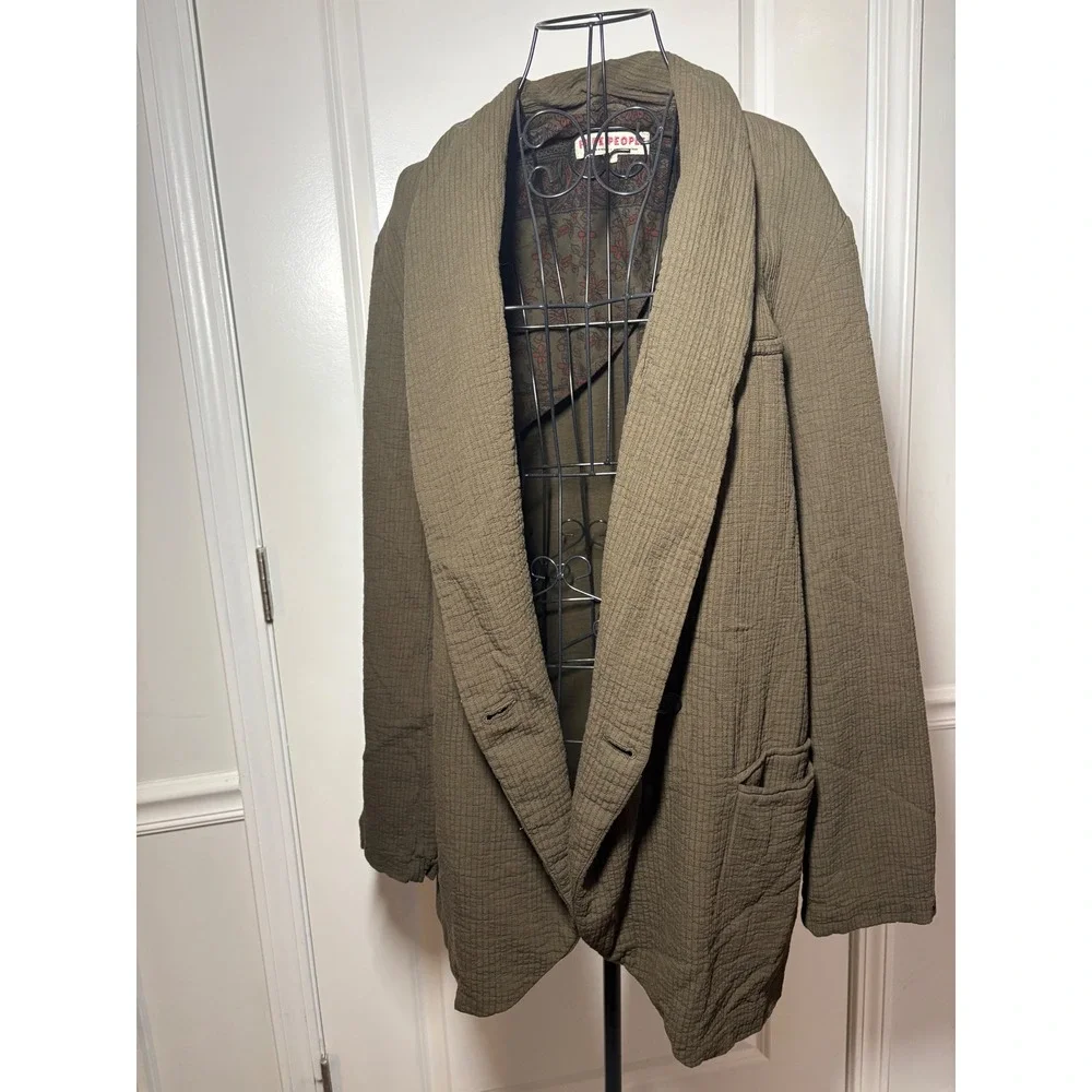Free People Oversized Shawl Collar Blazer Olive Green‎ Textured Gauze Jacket L